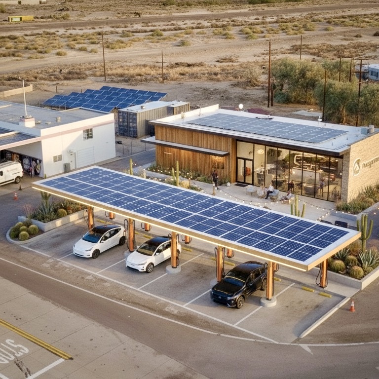 Rangeway Basecamp with solar canopy, cafe, and charging bays