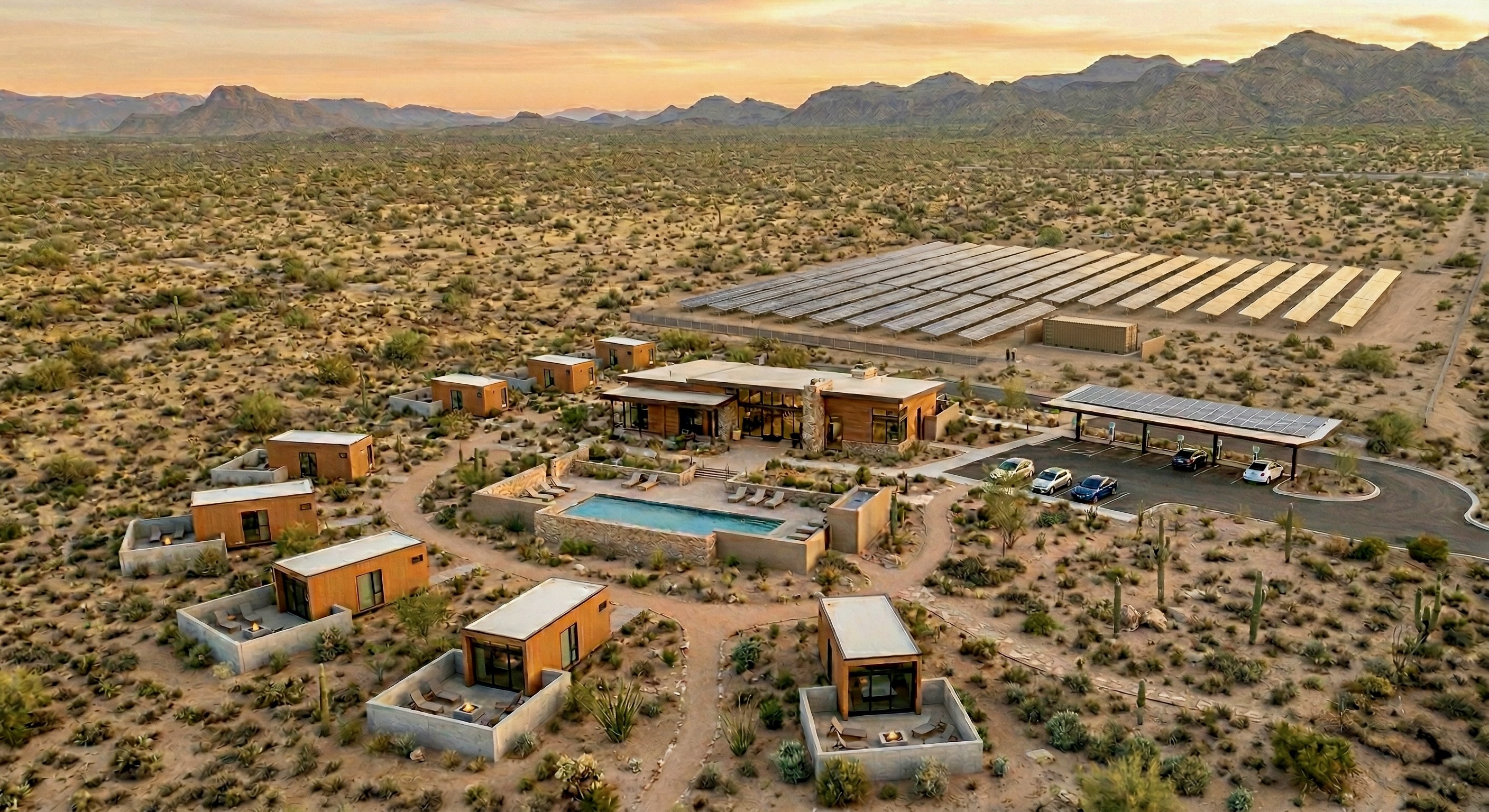 Summit hospitality destination with Lookouts and clubhouse at golden hour