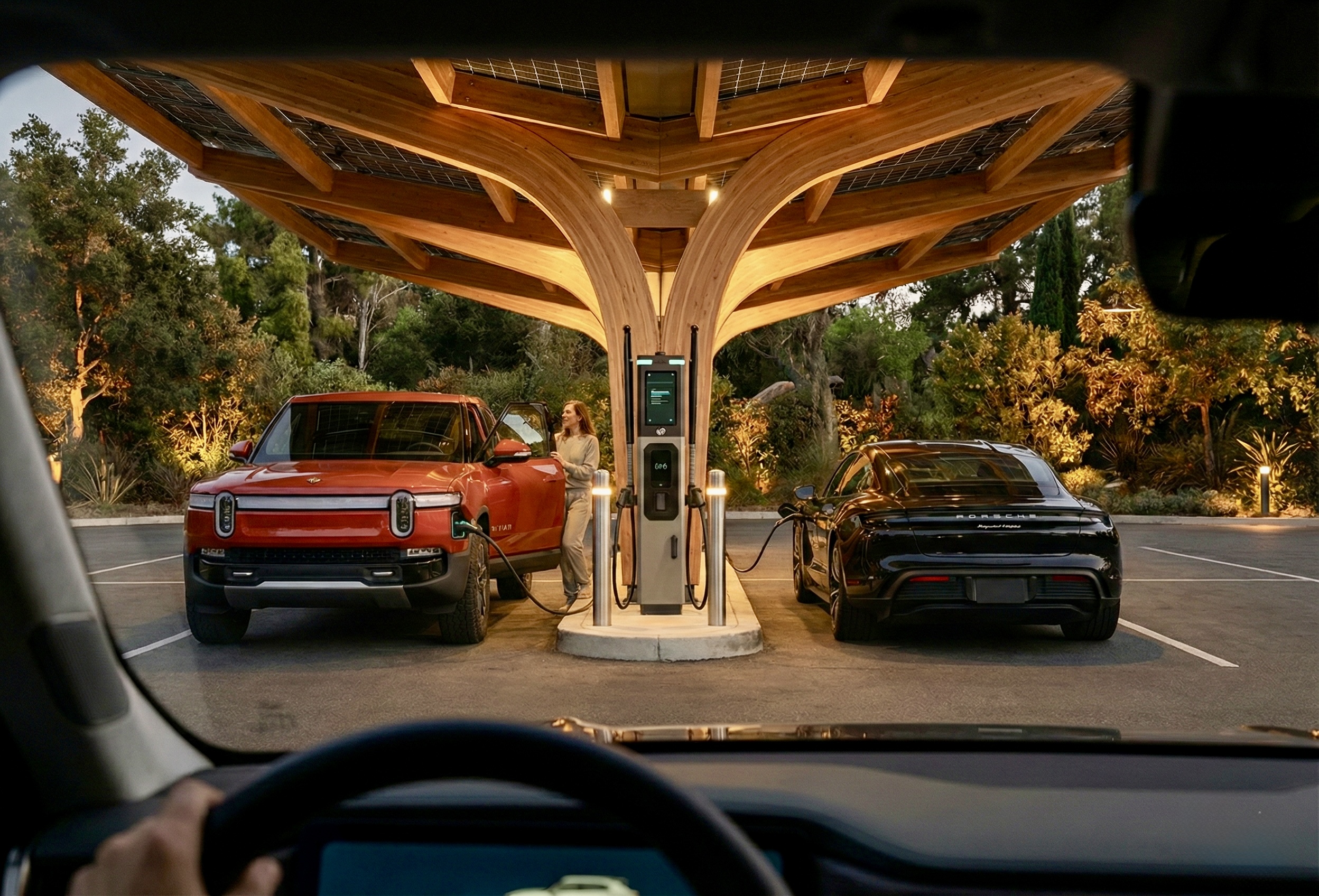 Rangeway Trailhead with sculpted solar canopy and vehicles charging