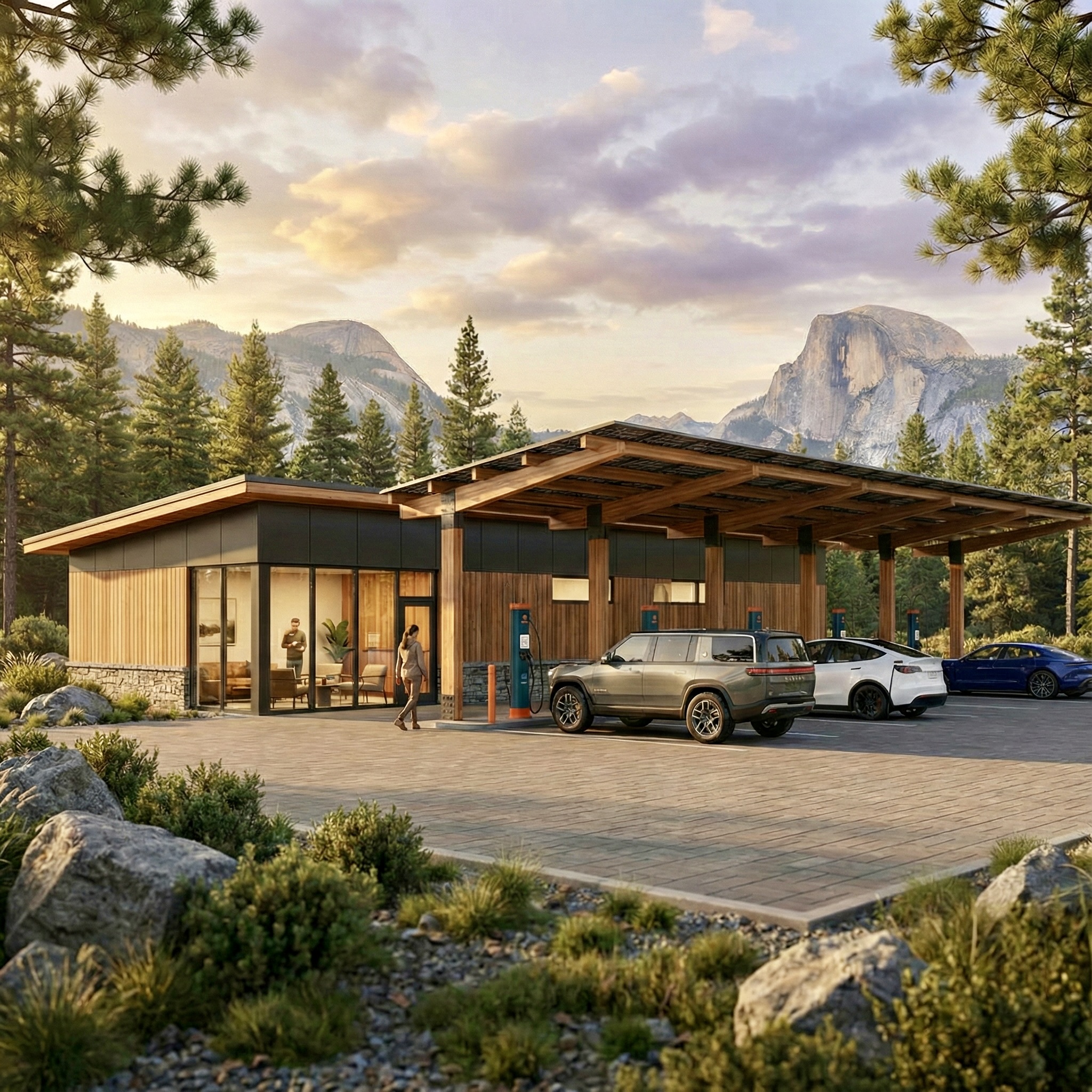 Rangeway Waystation nestled in a mountain setting with timber and glass design